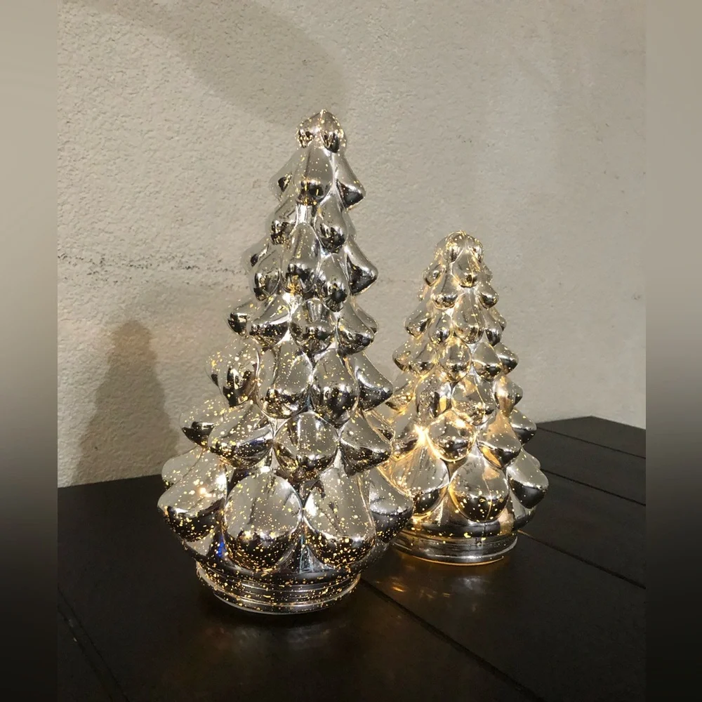 Silver Ceramic Lighted Holiday Tree Décor - Set of 2